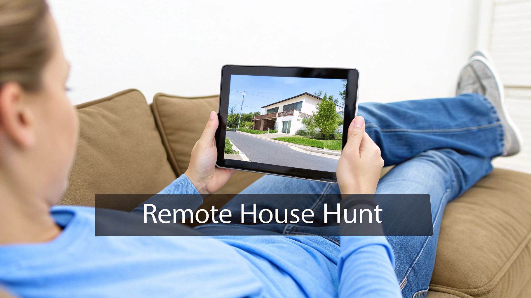 A person lies on a couch, holding a tablet displaying a modern house, doing a remote house hunt.