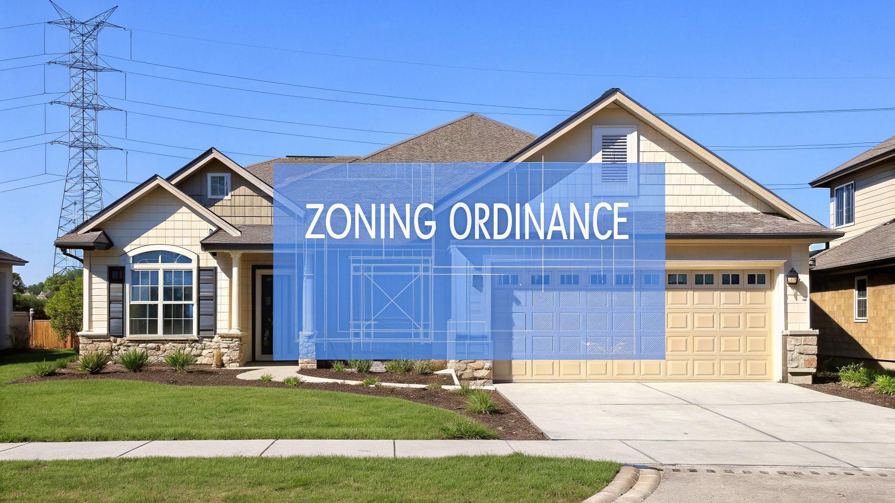 A single family home outside on a sunny day with words on the image that say zoning ordinance.