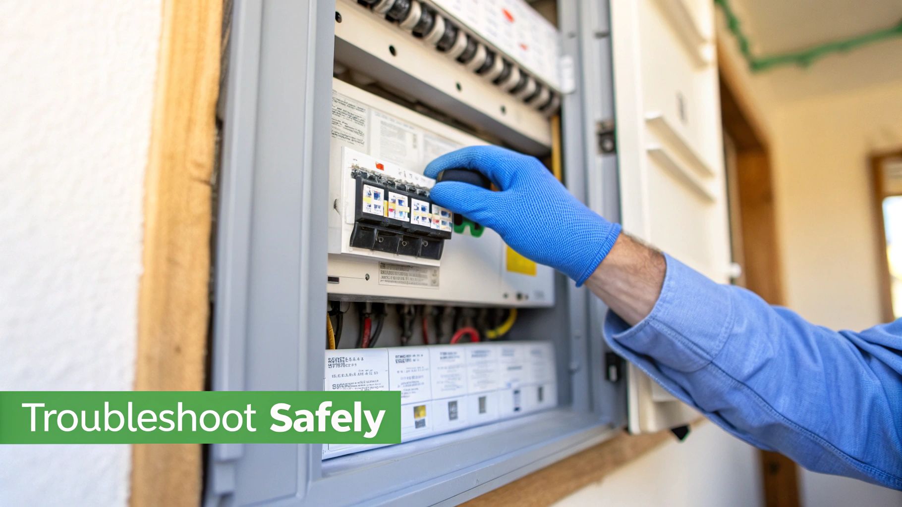A person wearing blue gloves safely operates a circuit breaker in an electrical panel.