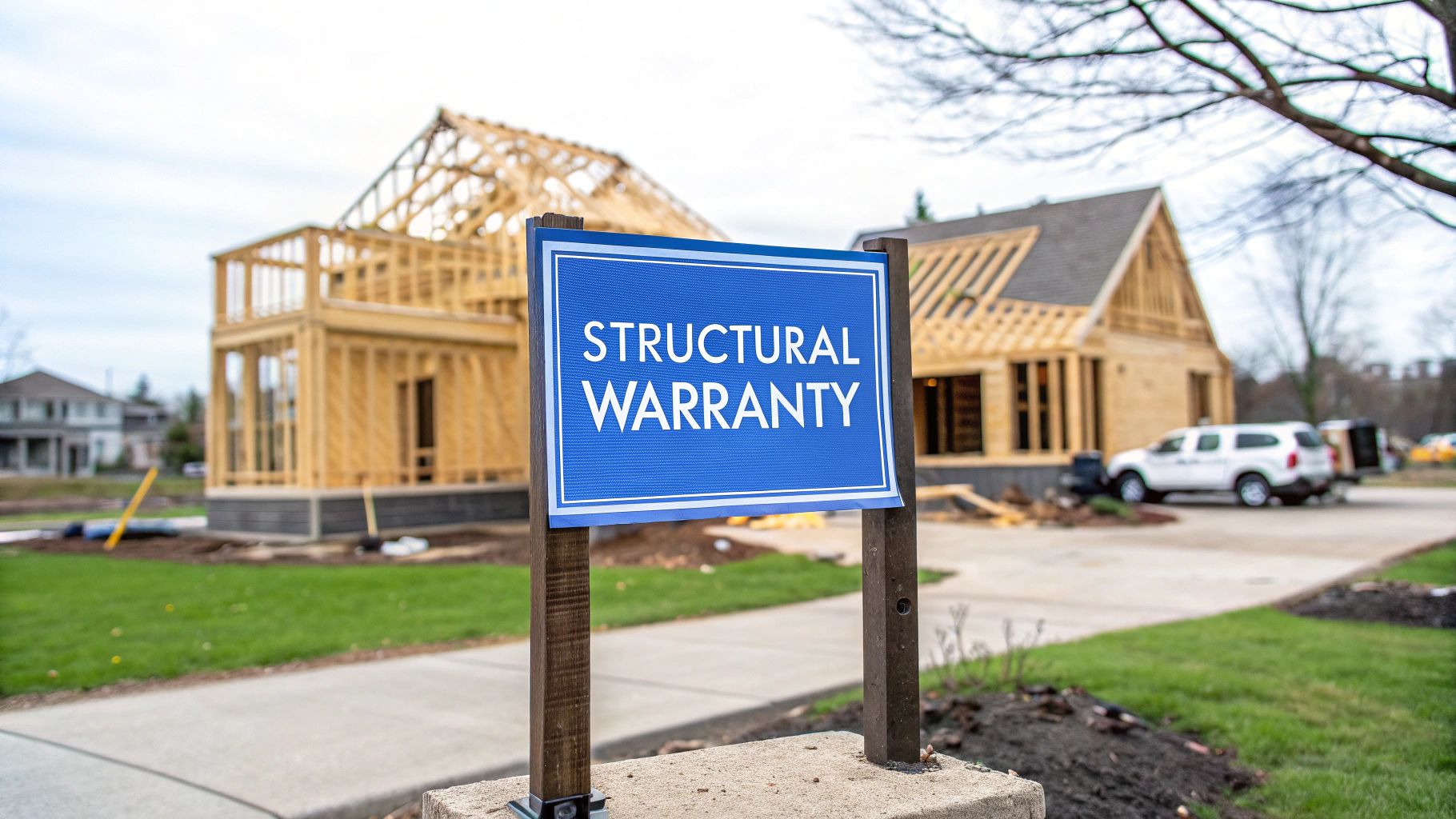 A single family being framed with a blue sign in front of that says structural warranty.