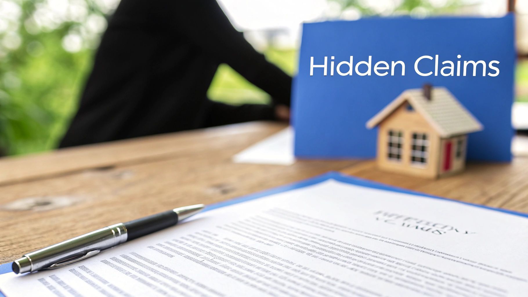 Real estate documents, a pen, house model, and a folder with &#39;Hidden Claims&#39; text.