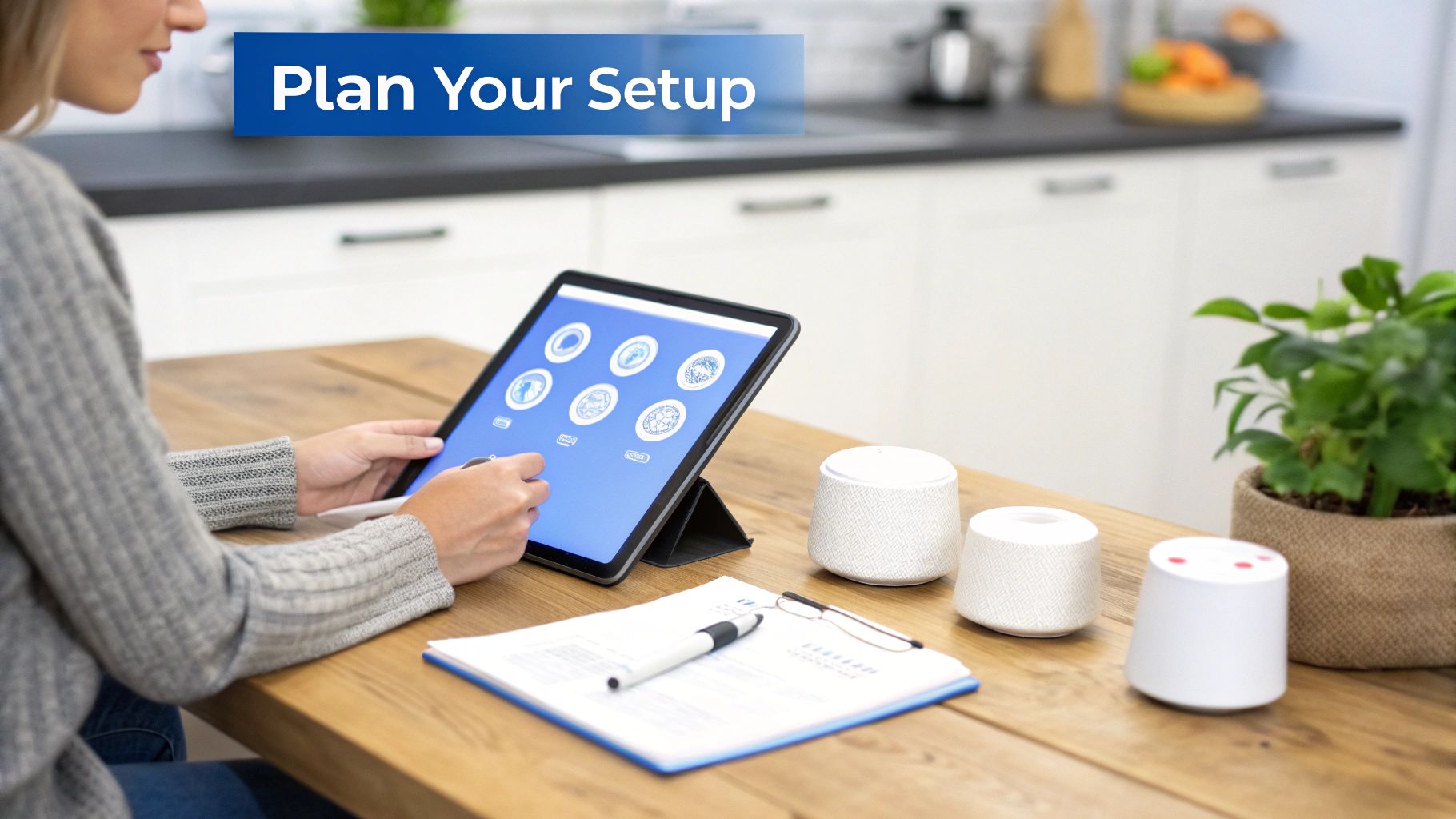 A person sketching out a smart home plan on a notepad with a coffee cup and smart devices nearby.