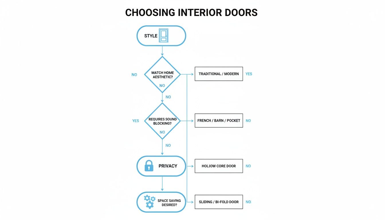 A flowchart guiding the selection of interior doors based on style, aesthetic, sound blocking, privacy, and space saving.