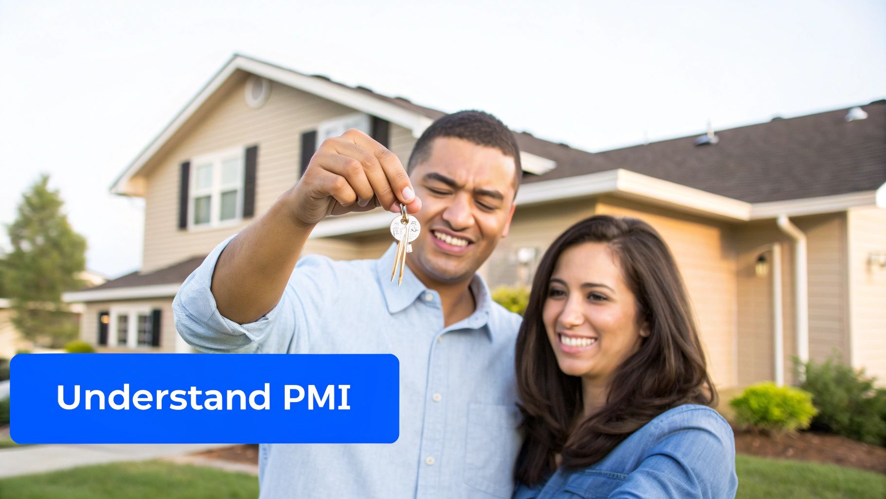 Happy couple holding house keys in front of their new home celebrating homeownership