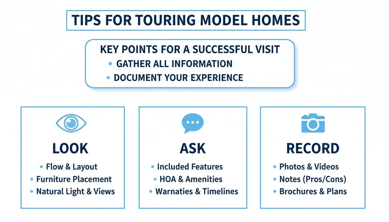 Infographic with essential tips for touring model homes, covering what to observe, inquire about, and document.