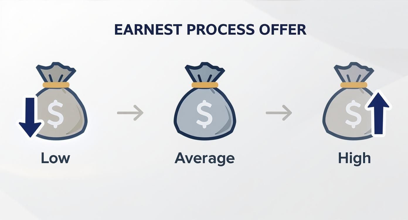 Infographic showing the process flow of an earnest money deposit from the initial offer to the final closing.