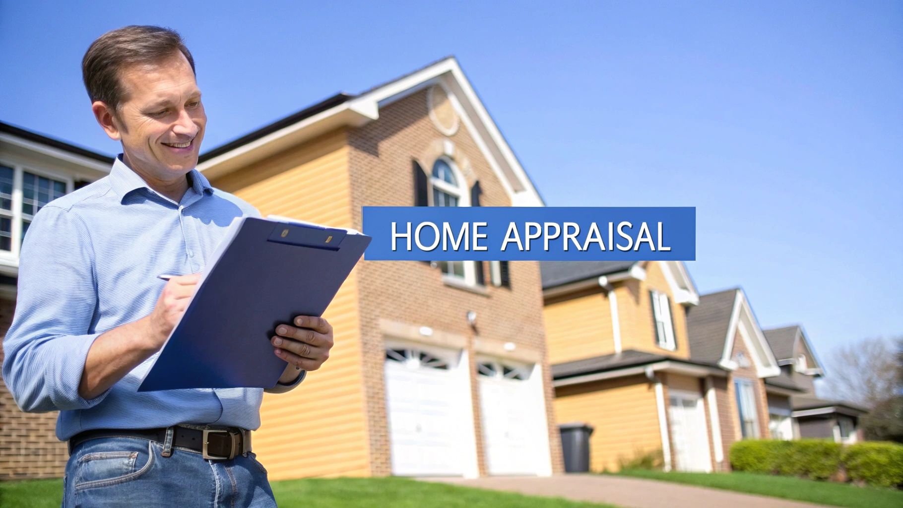 A professional home appraiser smiling while writing on a clipboard, with houses and blue sky.