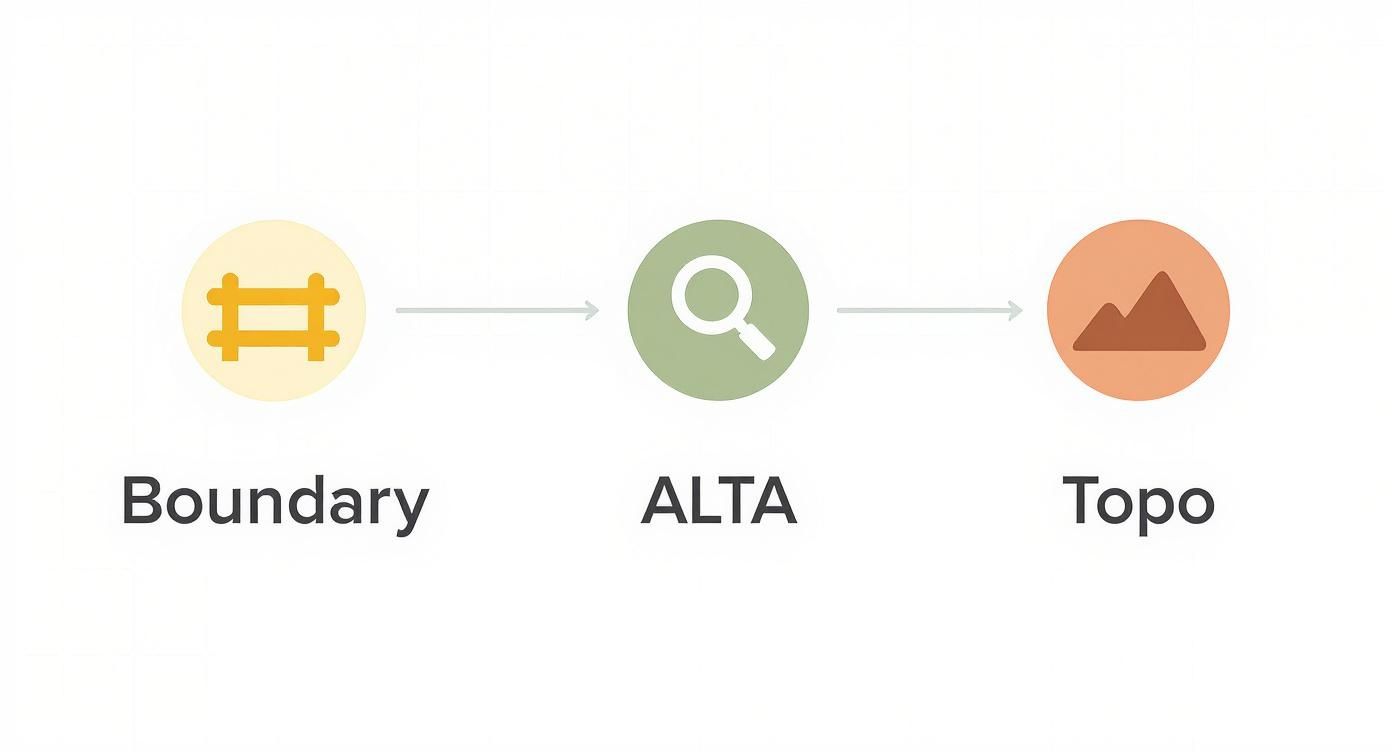 Property survey workflow diagram showing three stages: boundary identification, ALTA search process, and topographic mapping