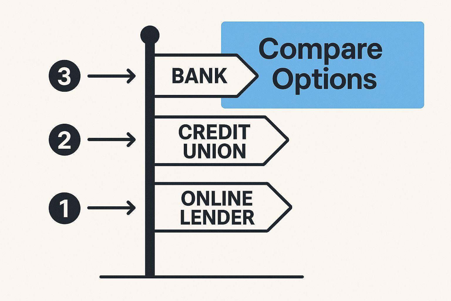 A graphic showing a sign post about comparing three types of lenders: bank, credit union, and online lender.