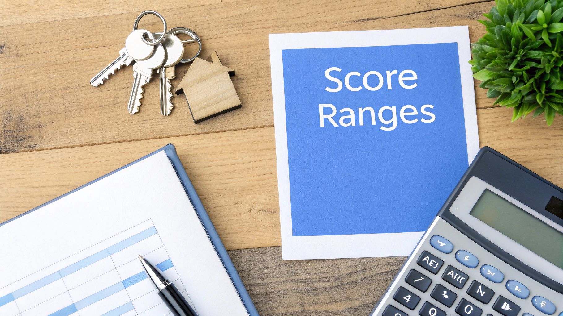 Flat lay showing 'Score Ranges' document, house keys, calculator, and financial papers on wood.
