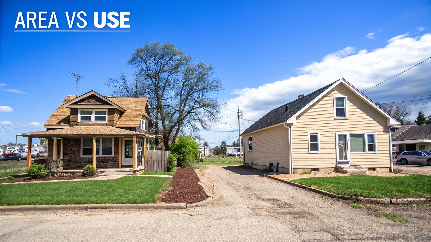 Two contrasting residential houses with green lawns and a dirt path, illustrating 'Area vs Use' zoning.