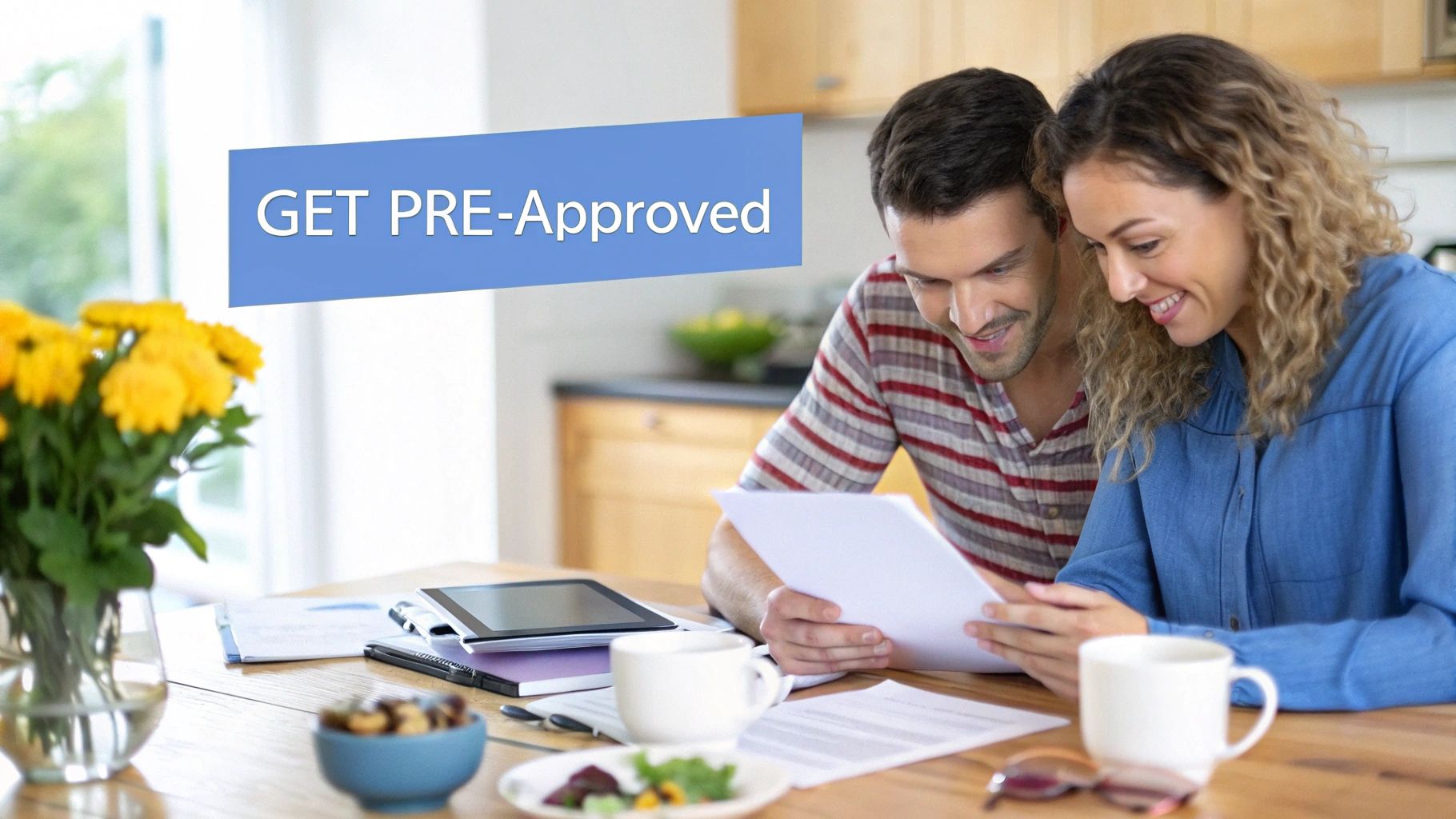 A man and a woman together looking at papers in a kitchen applying for a home loan with words on the image that say get pre-approved.