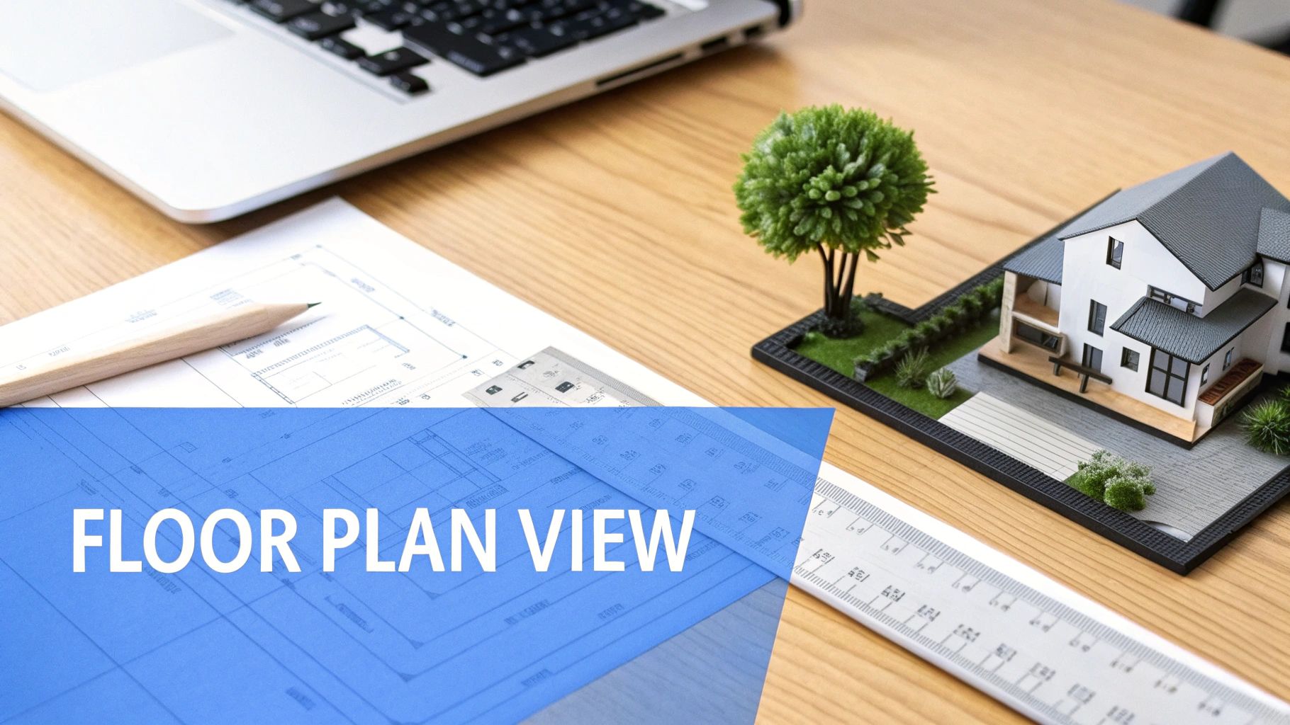 Architectural design desk with a laptop, floor plan blueprint, ruler, pencil, and a miniature house model.