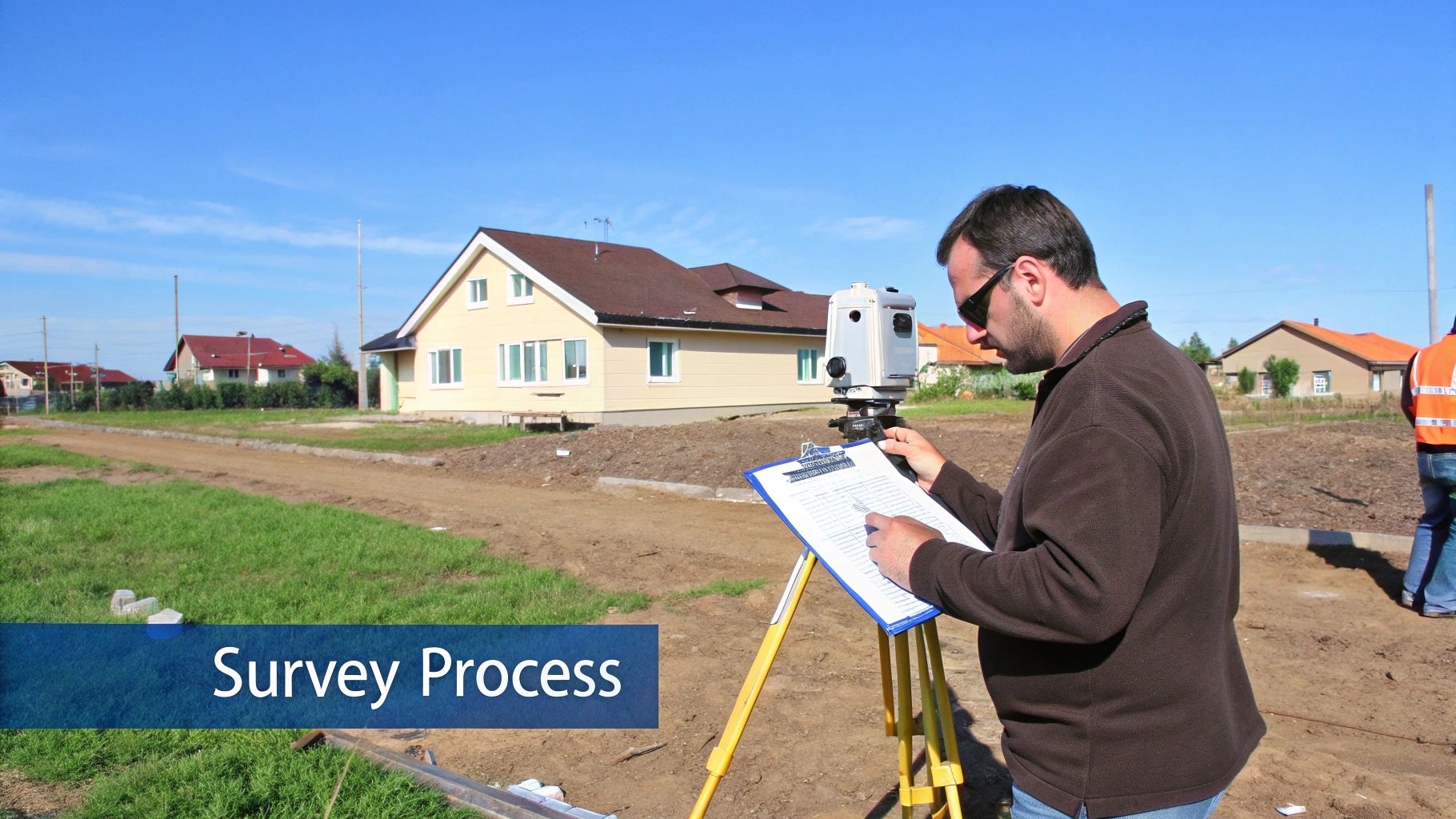 Land surveyor taking measurements with theodolite equipment and clipboard at residential construction site