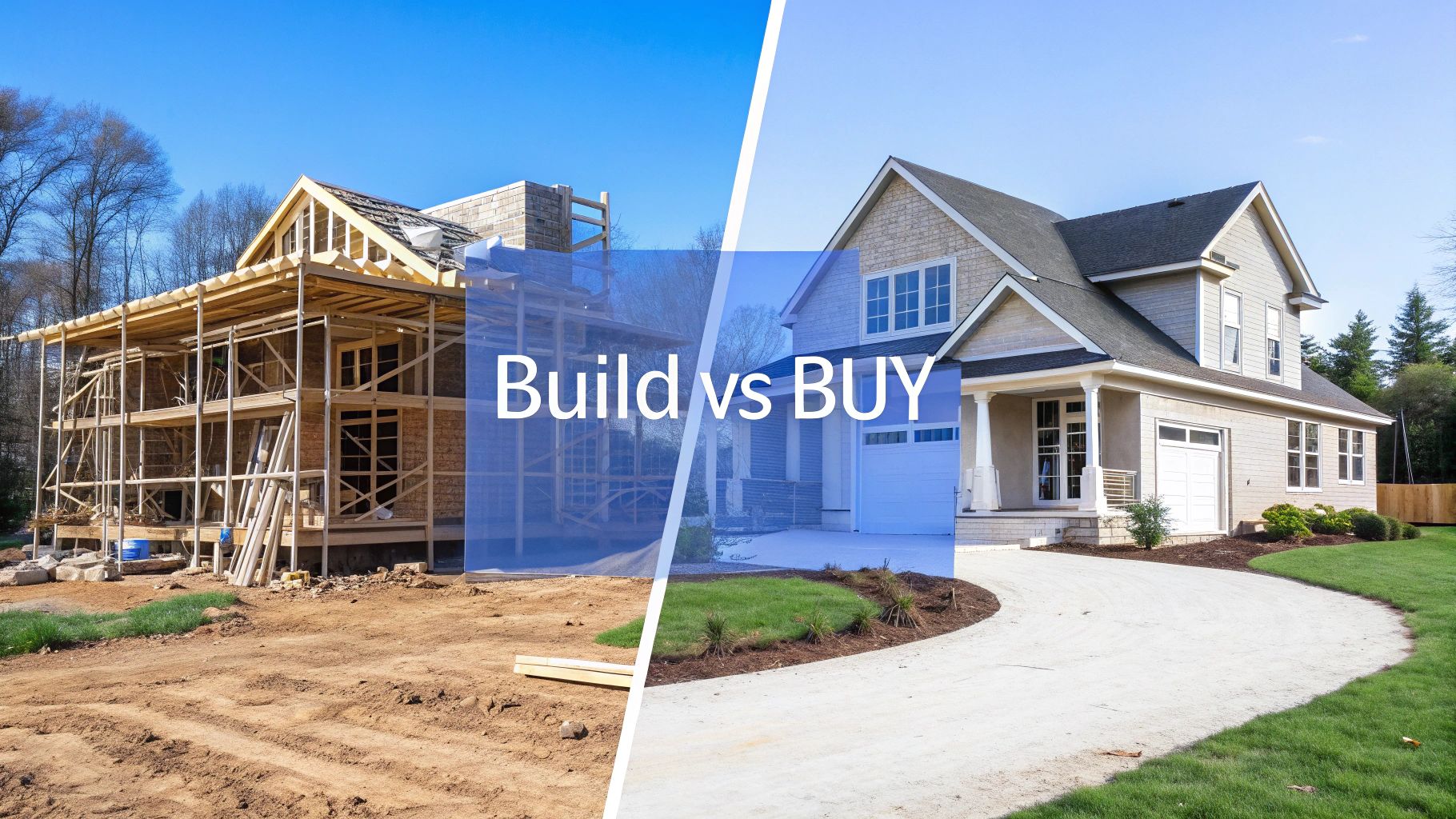 A side by side photo of a new home being framed next to a resale home with words on the image that say build vs buy.