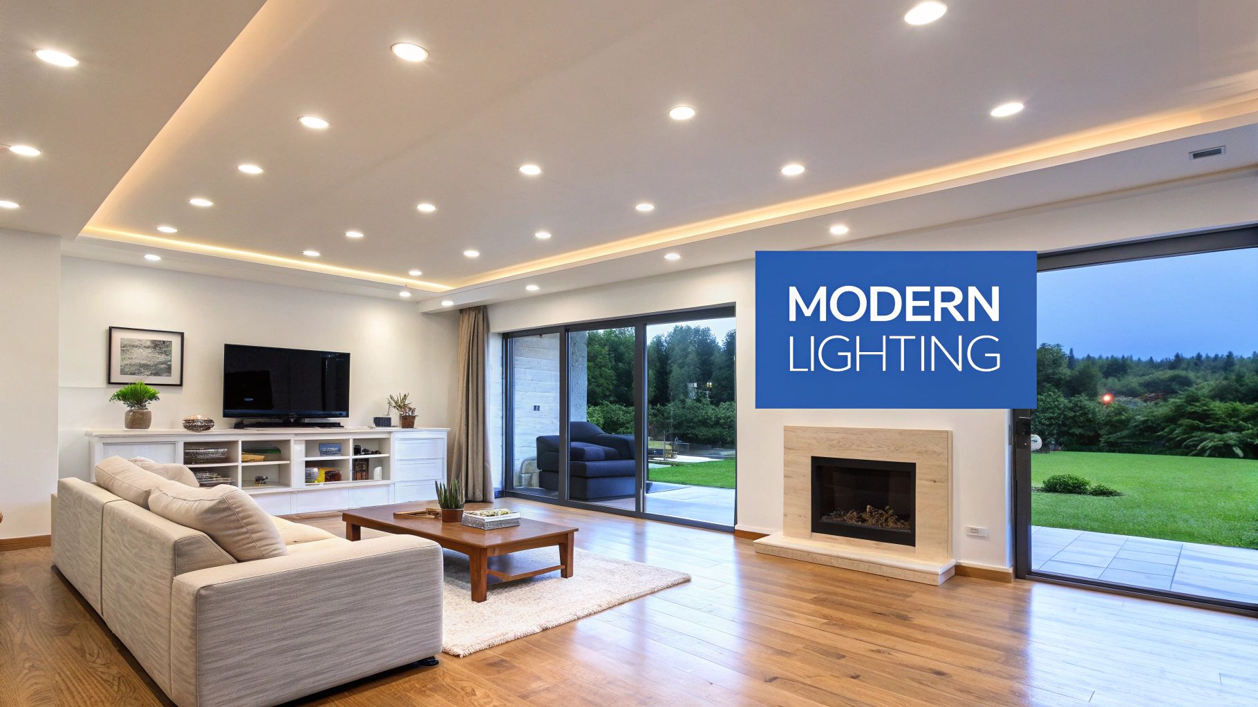 A brightly lit modern living room with recessed ceiling lights, a sofa, a TV, and a view of a lush green backyard.