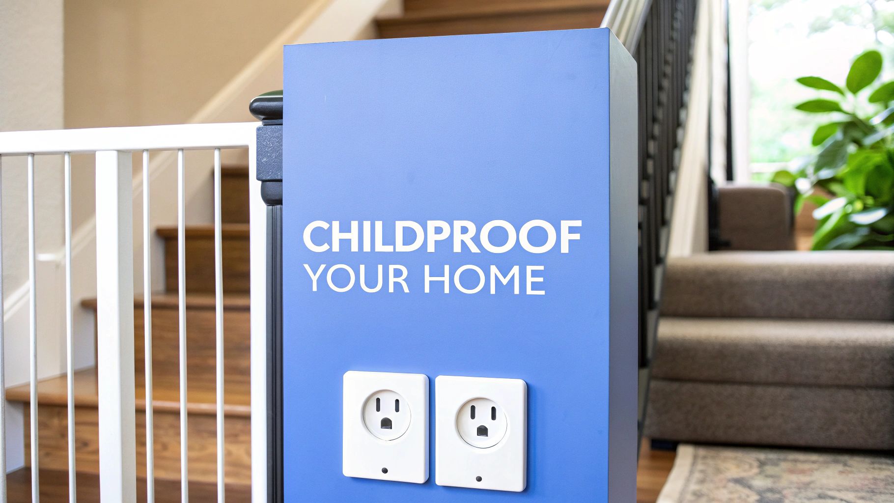 A picture of a baby gate at the bottom of stairs with words on the image that say childproof your home.