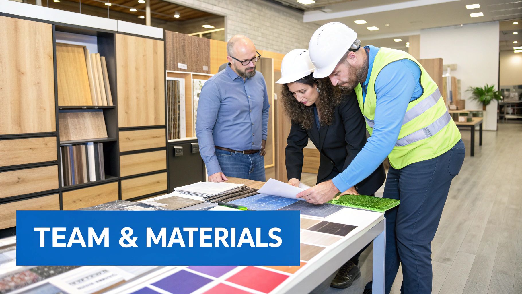 Two men and a woman looking at a paper next to material selections picking out the finishes for their home addition.
