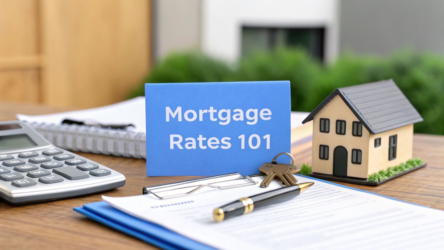 Mortgage papers on a blue clipboard with a pen on top next to a small model house, calculator and notepad.