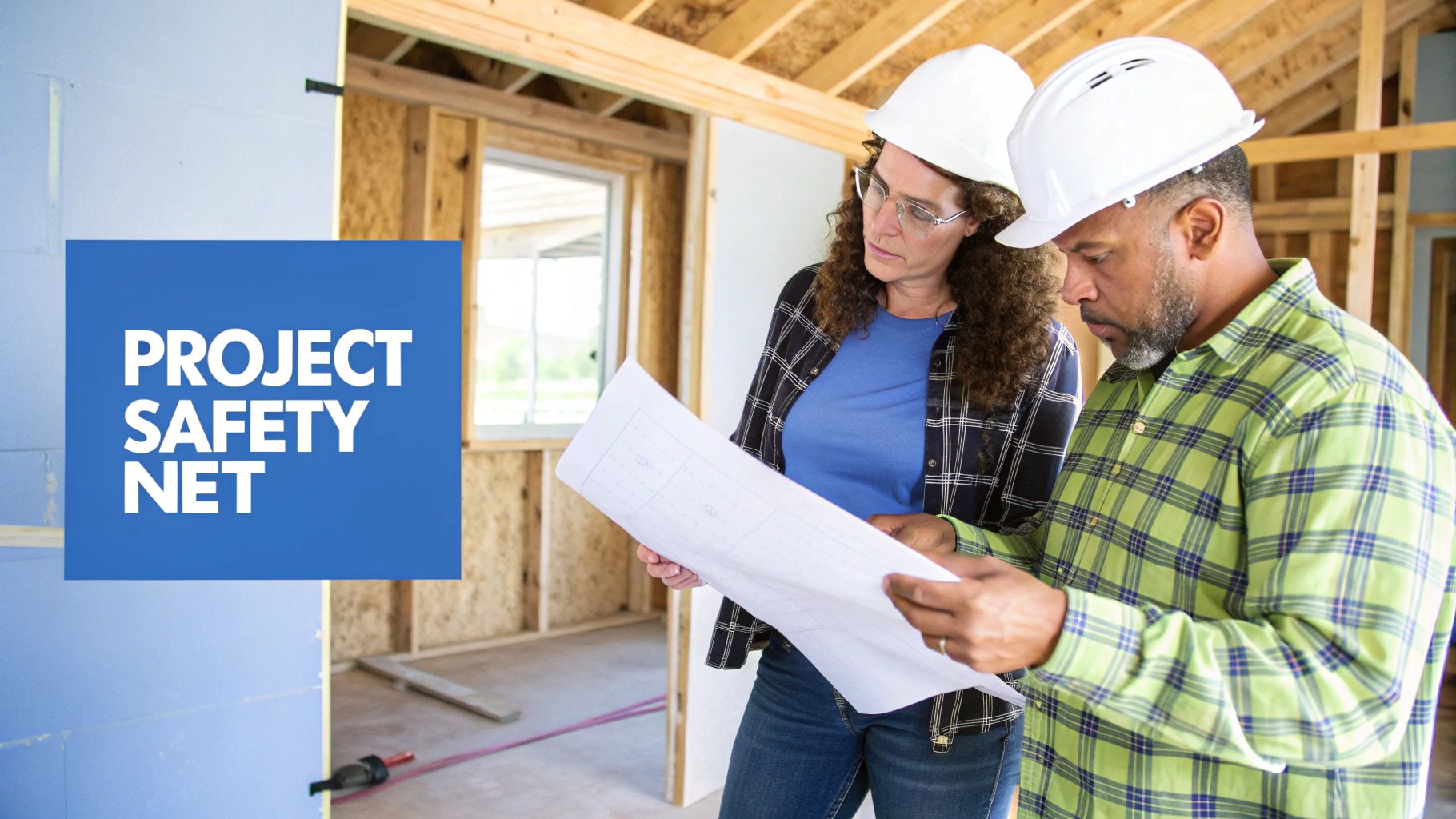 A person reviewing construction plans with a calculator, symbolizing budget planning and contingency.