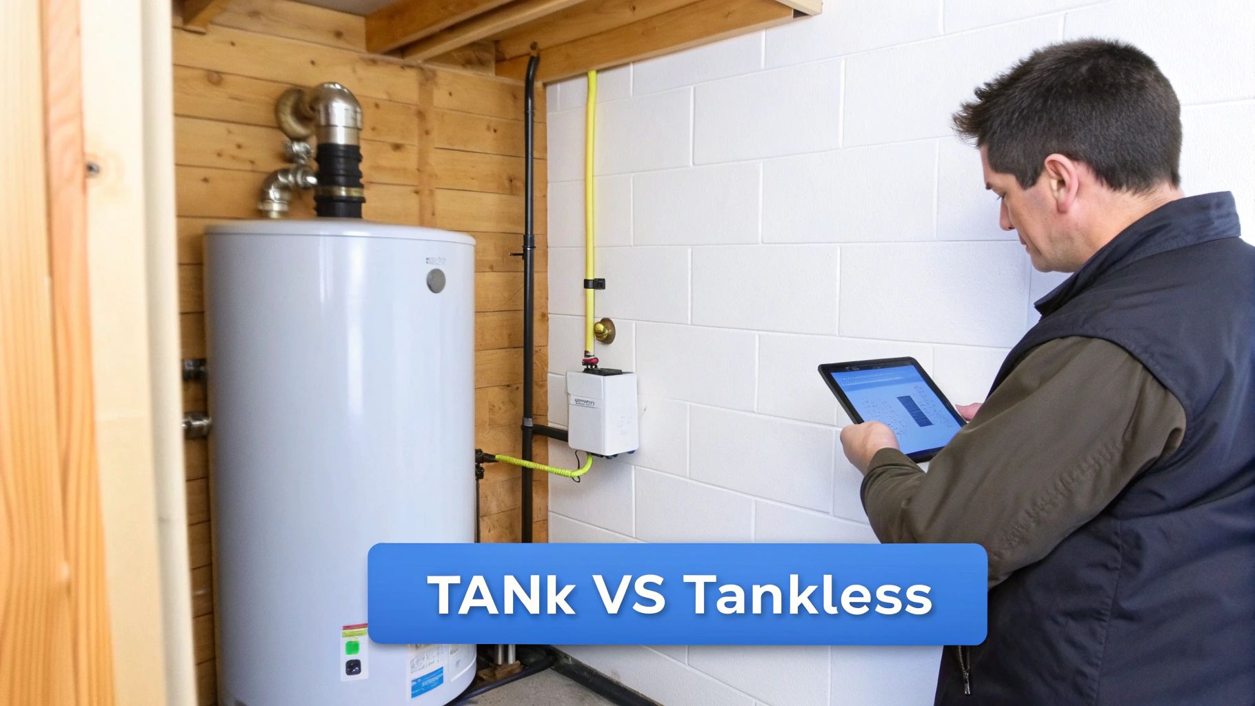 Man with tablet inspecting a tankless water heater next to a traditional tank water heater.