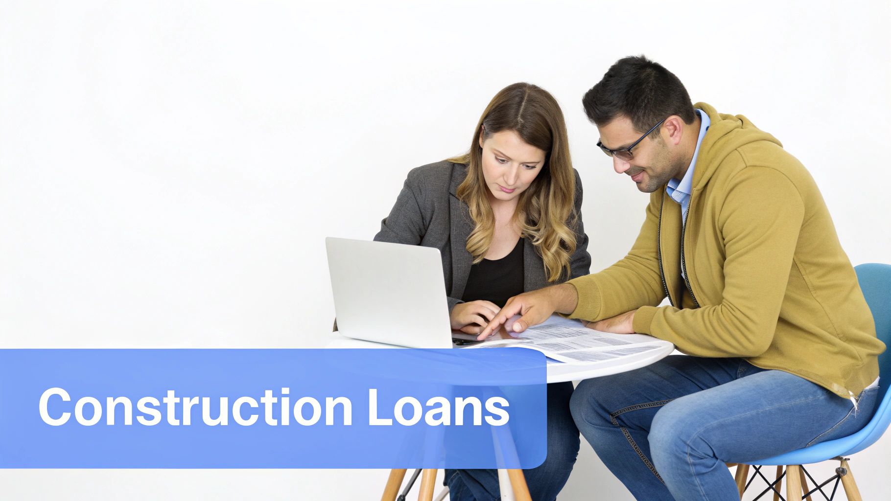 A man and a woman discussing construction loan documents with a laptop on a white background.