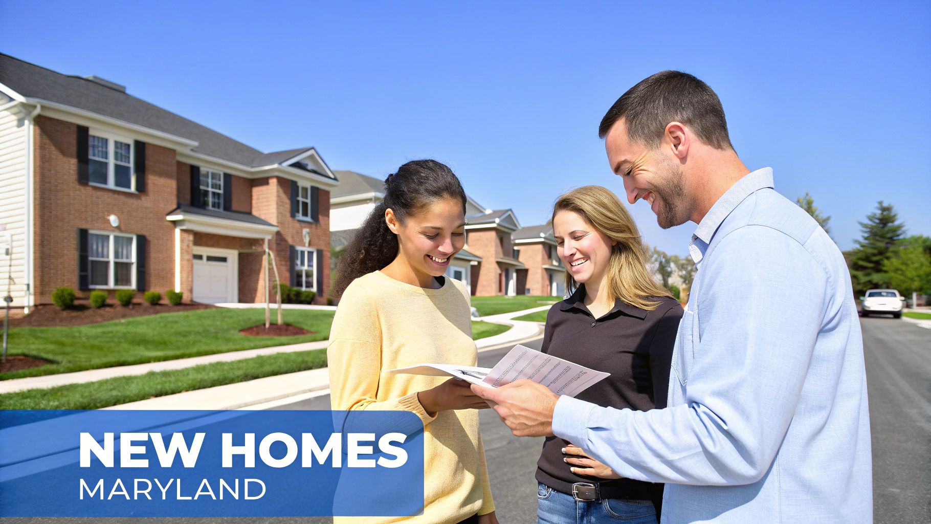 Smiling real estate agent showing documents to two women in front of new brick homes in Maryland.