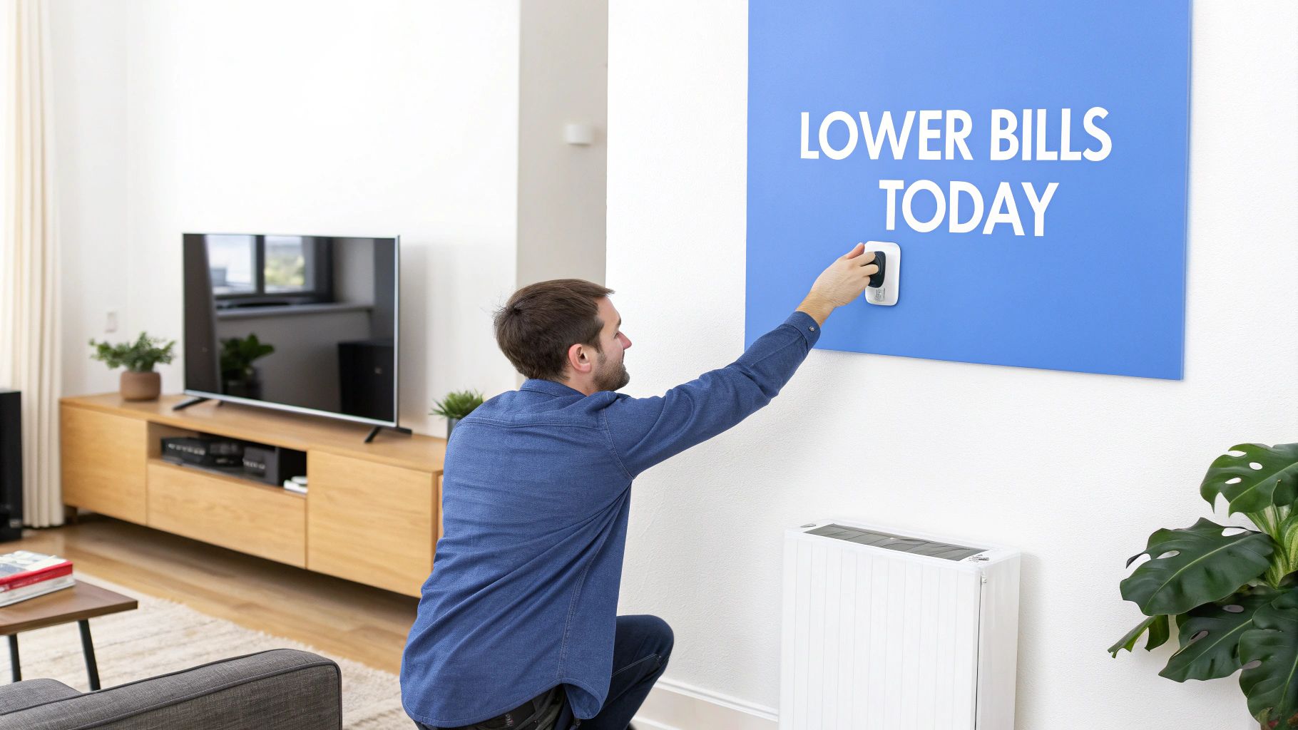 Man attaches smart home device to a 'Lower Bills Today' sign in a modern living room.