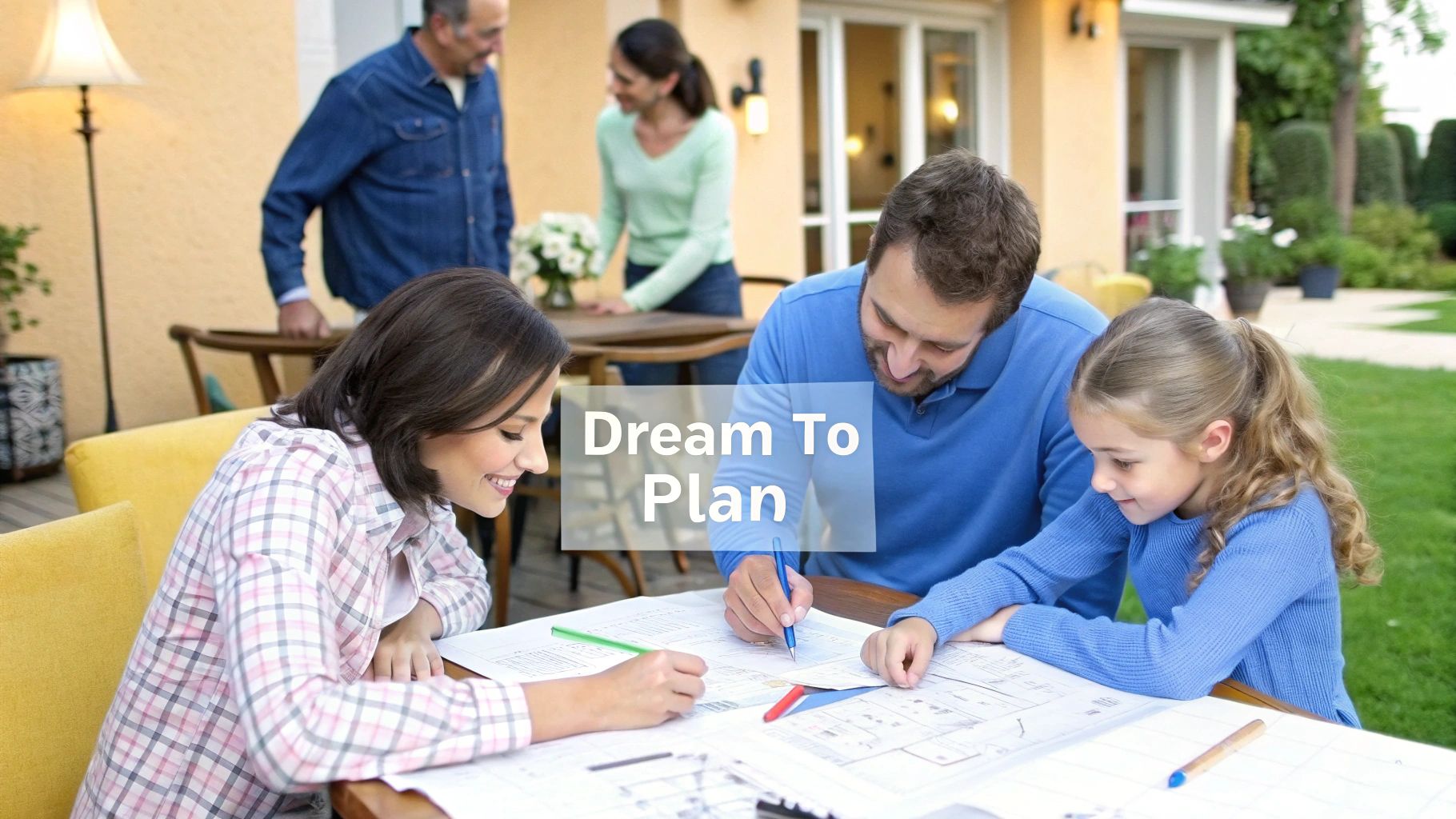 A man, woman and child writing on blueprints, sitting at a table with another man and woman in the background at a table talking.