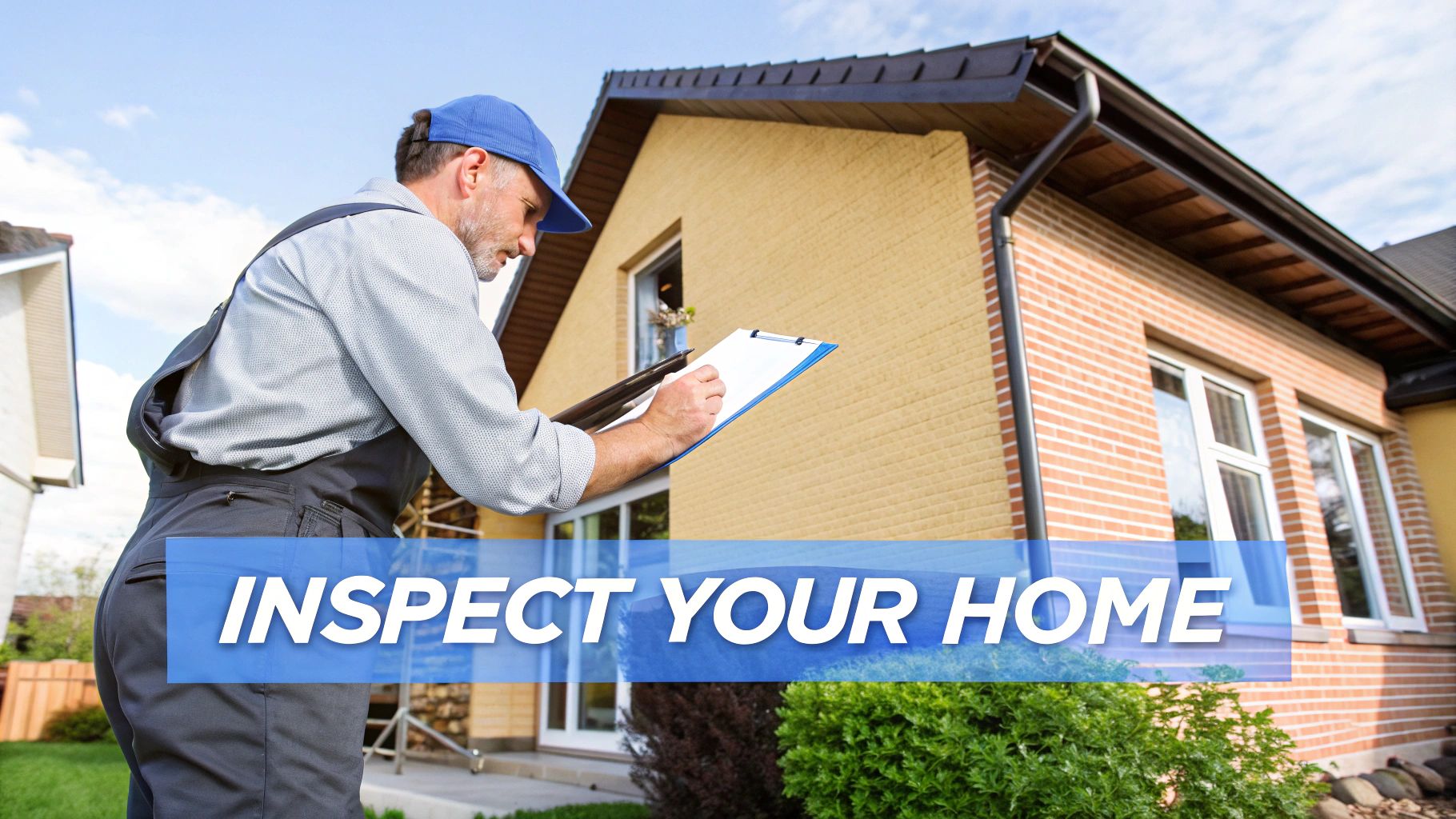 A man doing a inspection of a home outside with words on the image that says inspect you home.