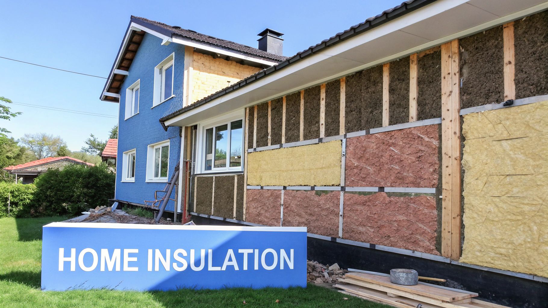 A picture showing a home with no siding and insulation in the walls and a sign that says home insulation.