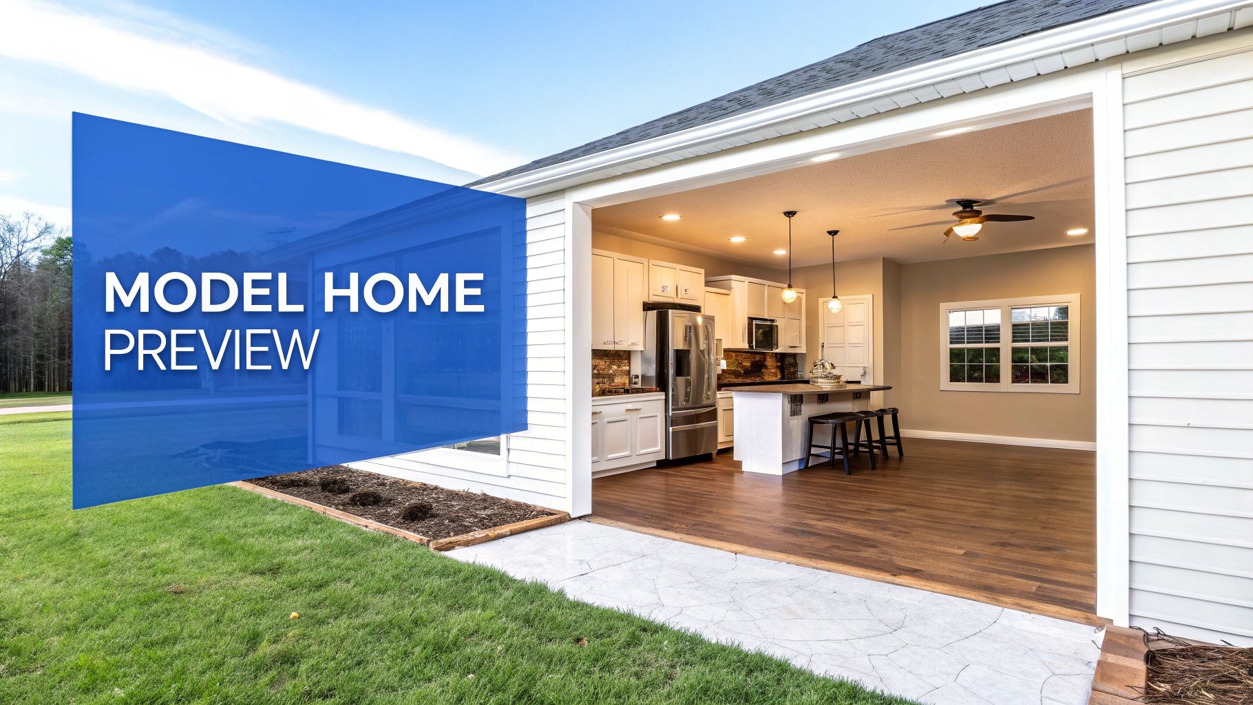Exterior view of a model home, showcasing an open-concept kitchen and living space.
