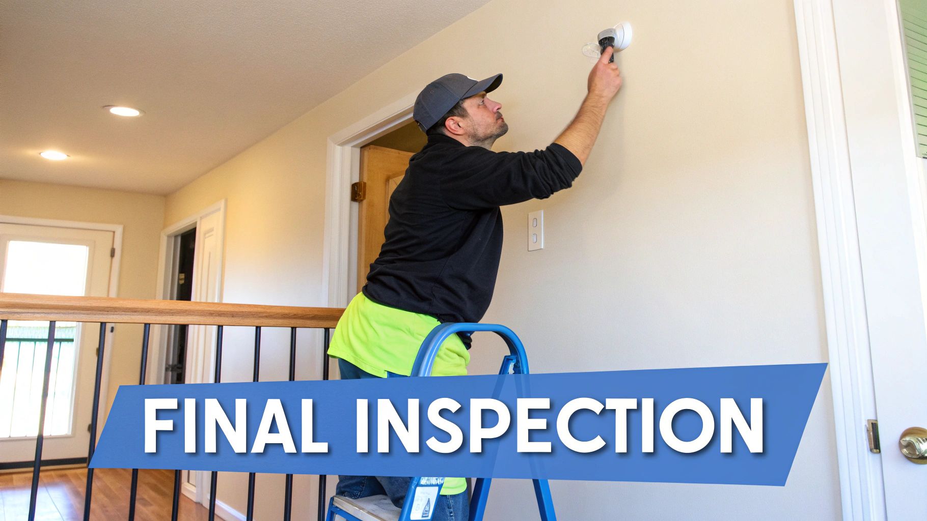 A man on a ladder performing a final inspection of a home using a handheld device.