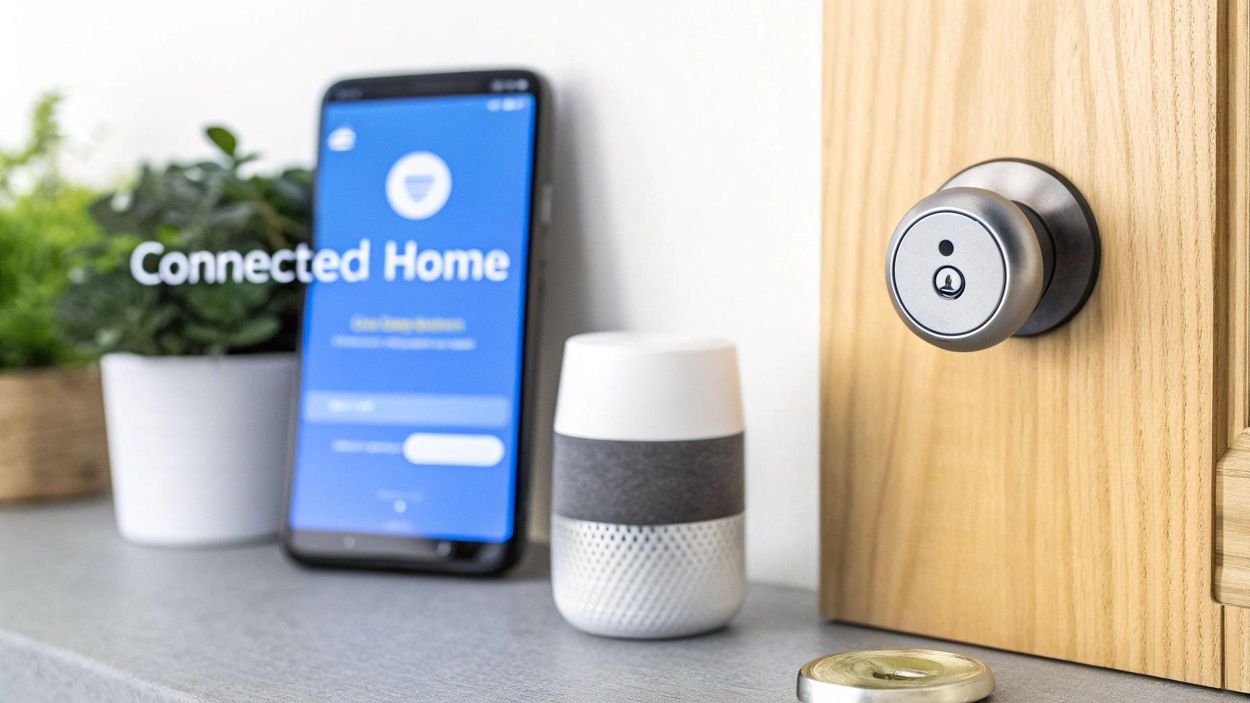 Smart home devices including a smart lock on a wooden door, a phone app, and a smart speaker.