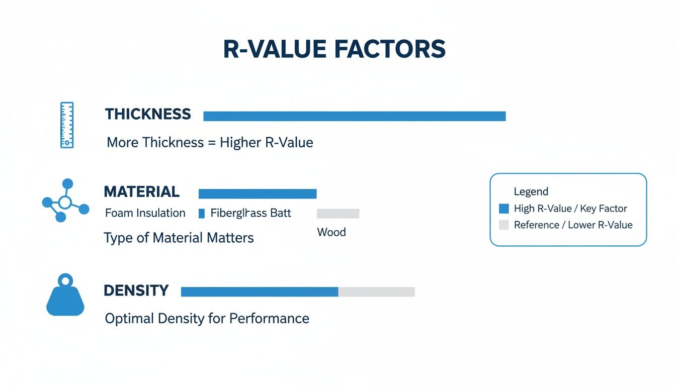 Infographic illustrating R-value factors: thickness, material type, and optimal density for insulation performance.