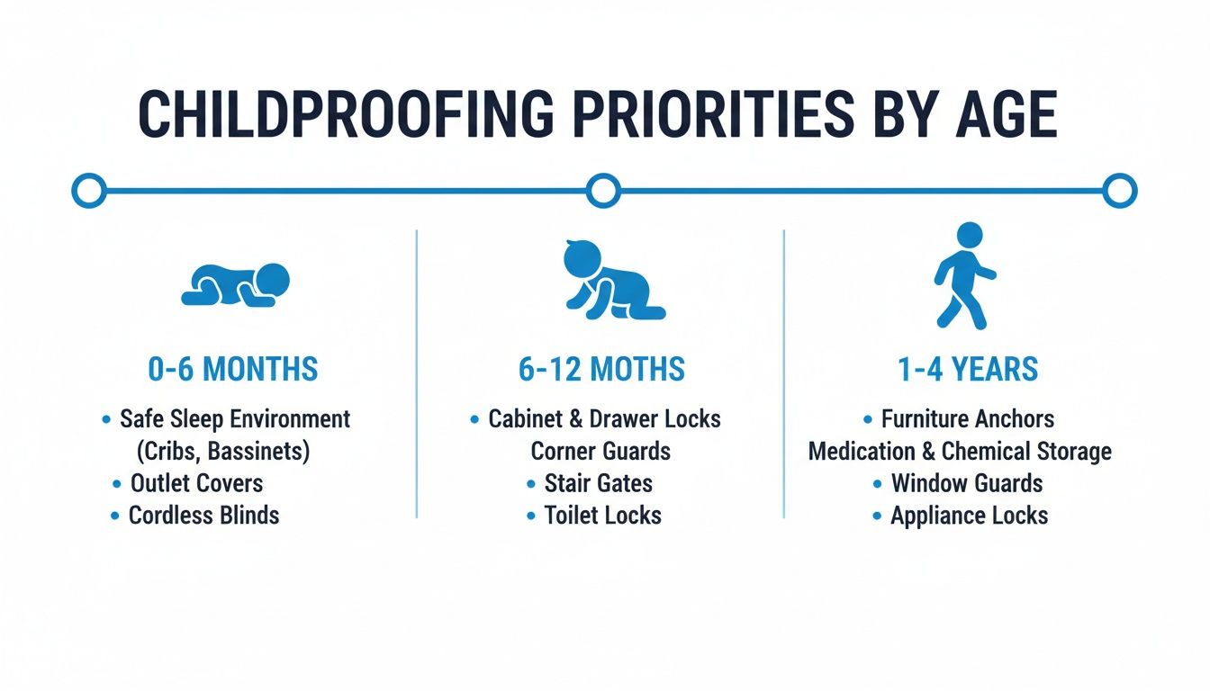 Infographic showing childproofing priorities by age: 0-6 months, 6-12 months, and 1-4 years.