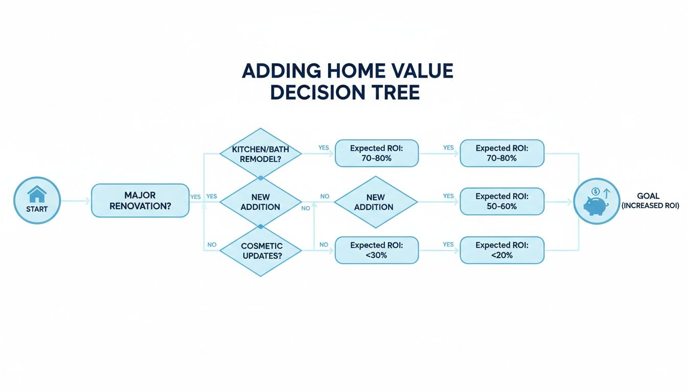 Decision tree illustrating home value additions, showing expected ROI for major renovations, kitchen/bath remodels, new additions, and cosmetic updates.