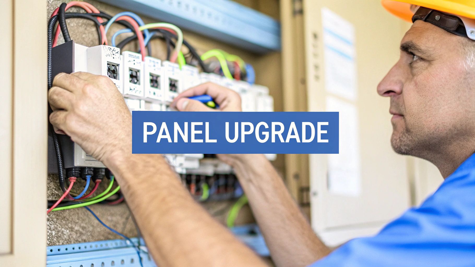 An electrician working on an electrical panel on a home with words on the image that says panel upgrade.