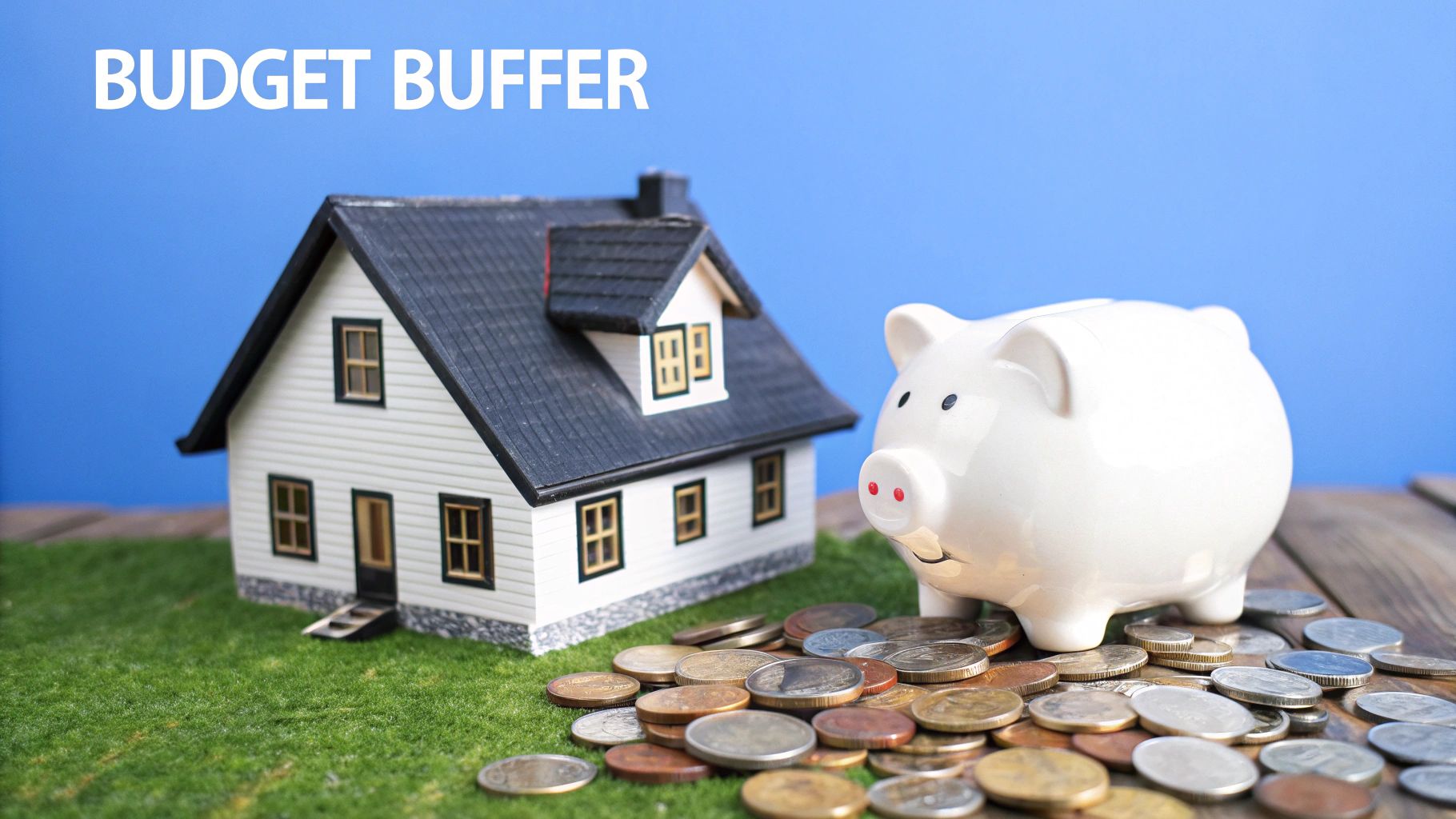 A small model house on fake grass next to a pig piggy bank with a bunch of coins laying on the fake grass.