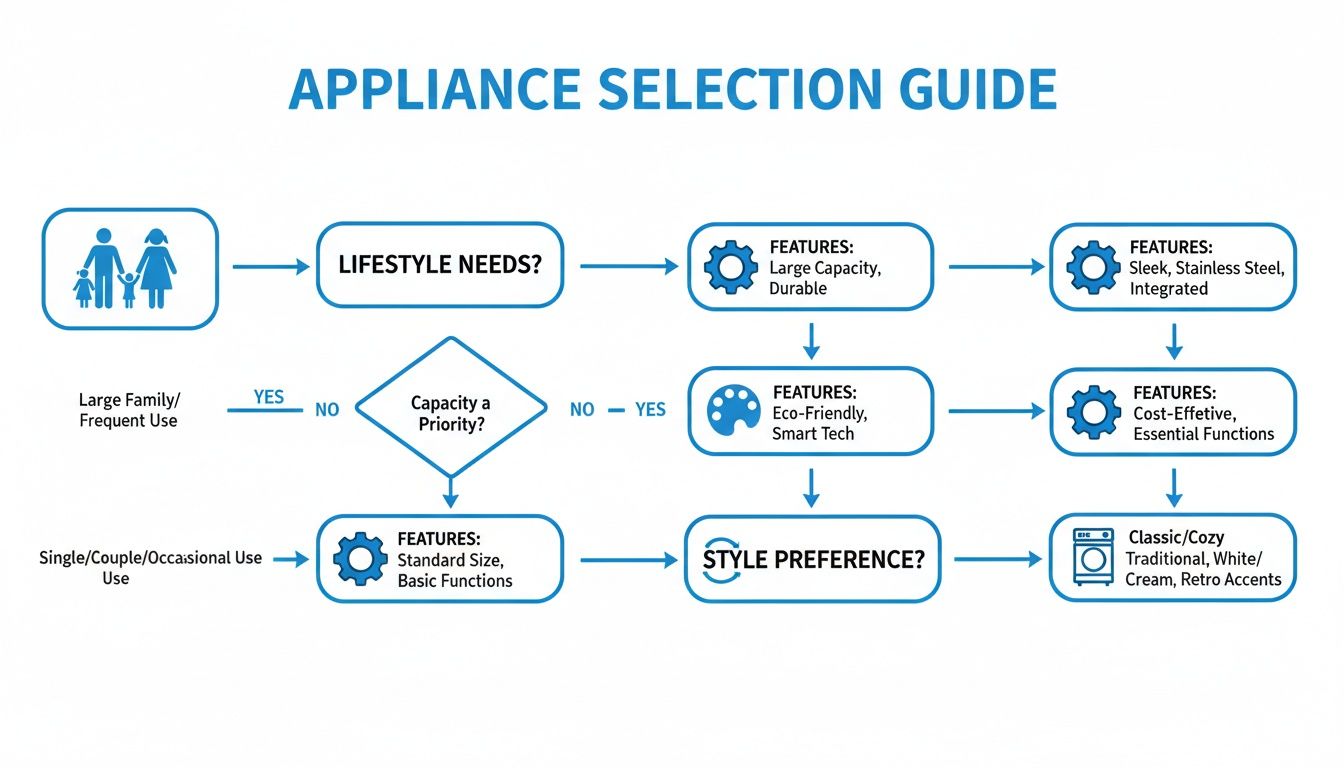 A flowchart titled 'Appliance Selection Guide' helps users choose appliances based on lifestyle, capacity, features, and style.