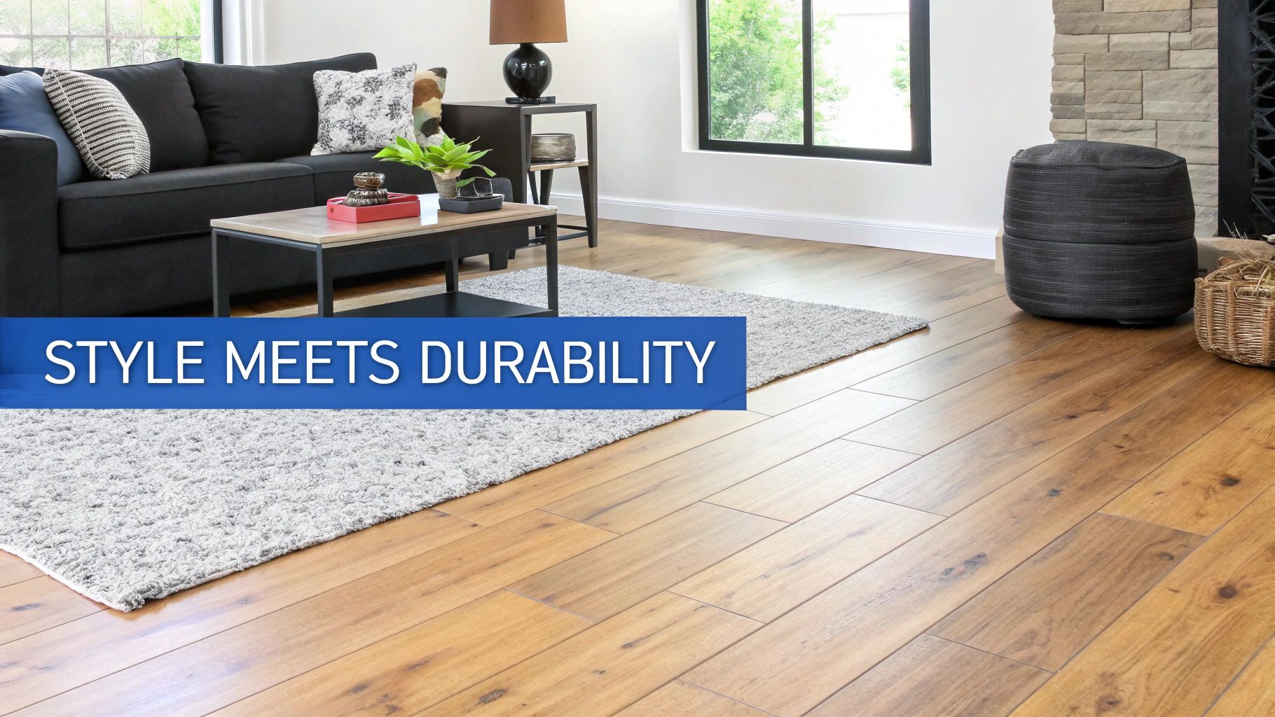 A stylish kitchen with light-colored, durable flooring that complements the dark cabinets and modern design.