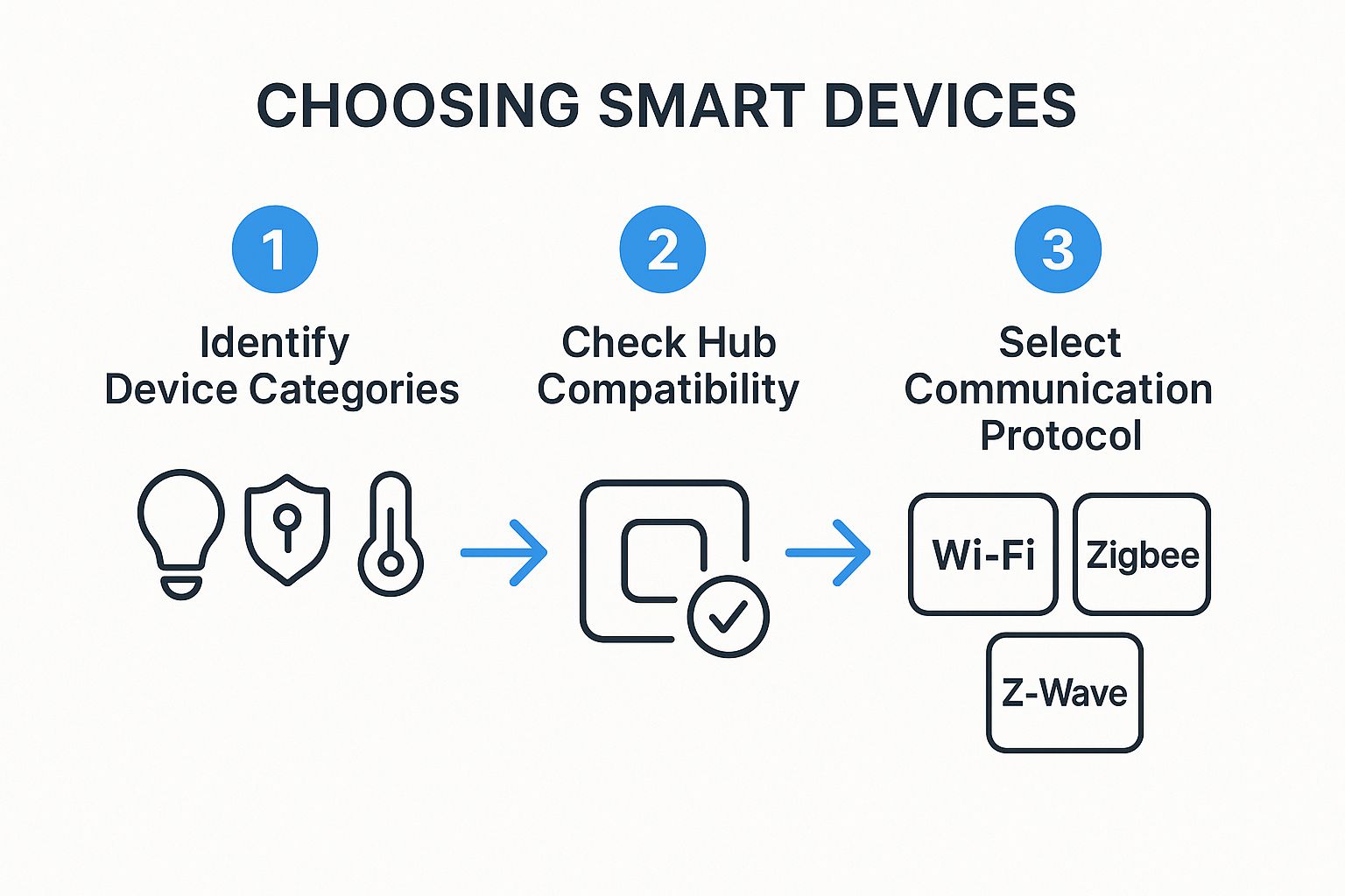 A chart that shows how to choose smart home devices: 1. Identify device categories. 2. Check Hub Compatibility. 3. Select communication protocol.