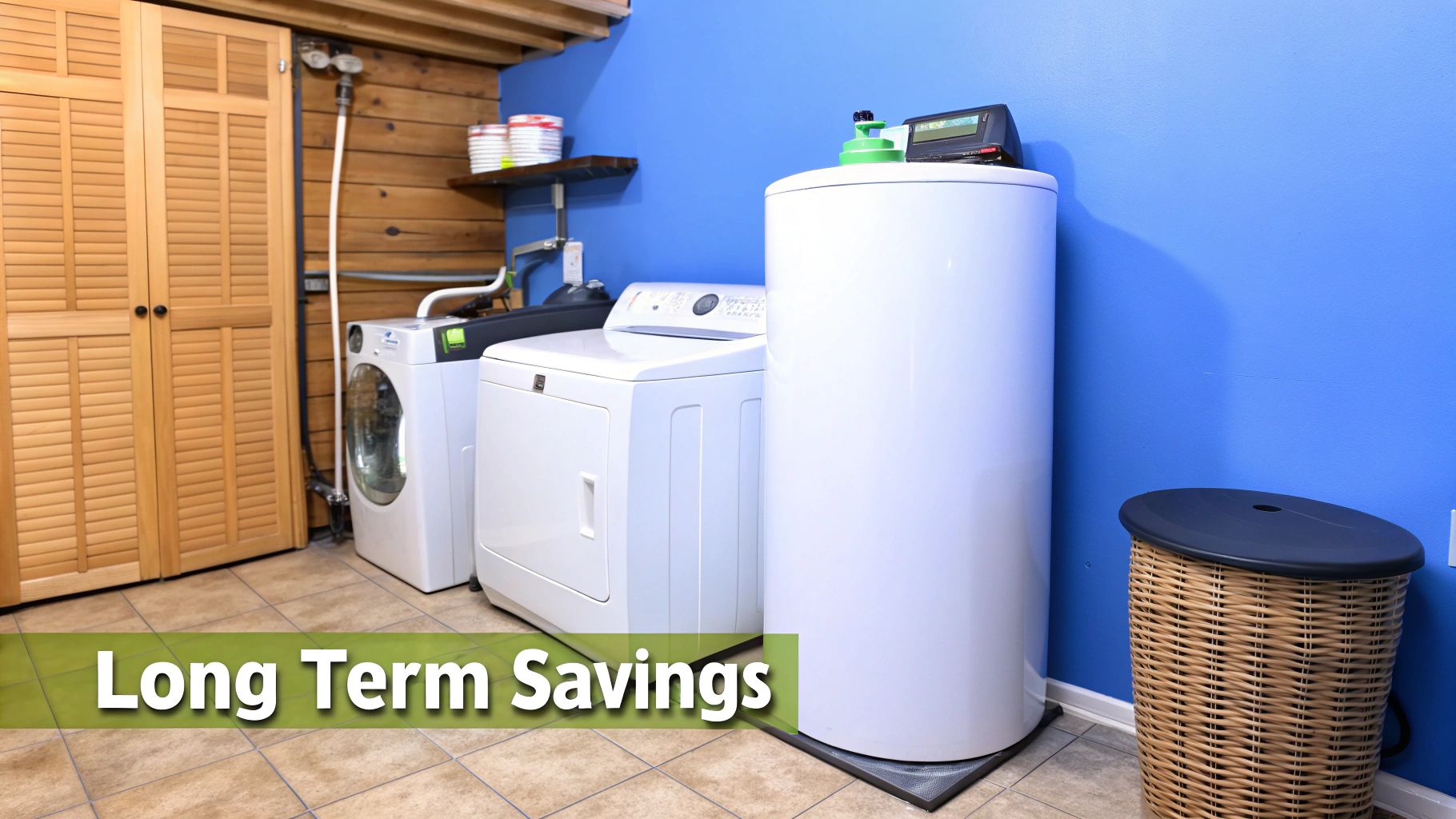 A laundry room with a whole house water filtration system, washer, dryer, and wooden cabinets, emphasizing long term savings.