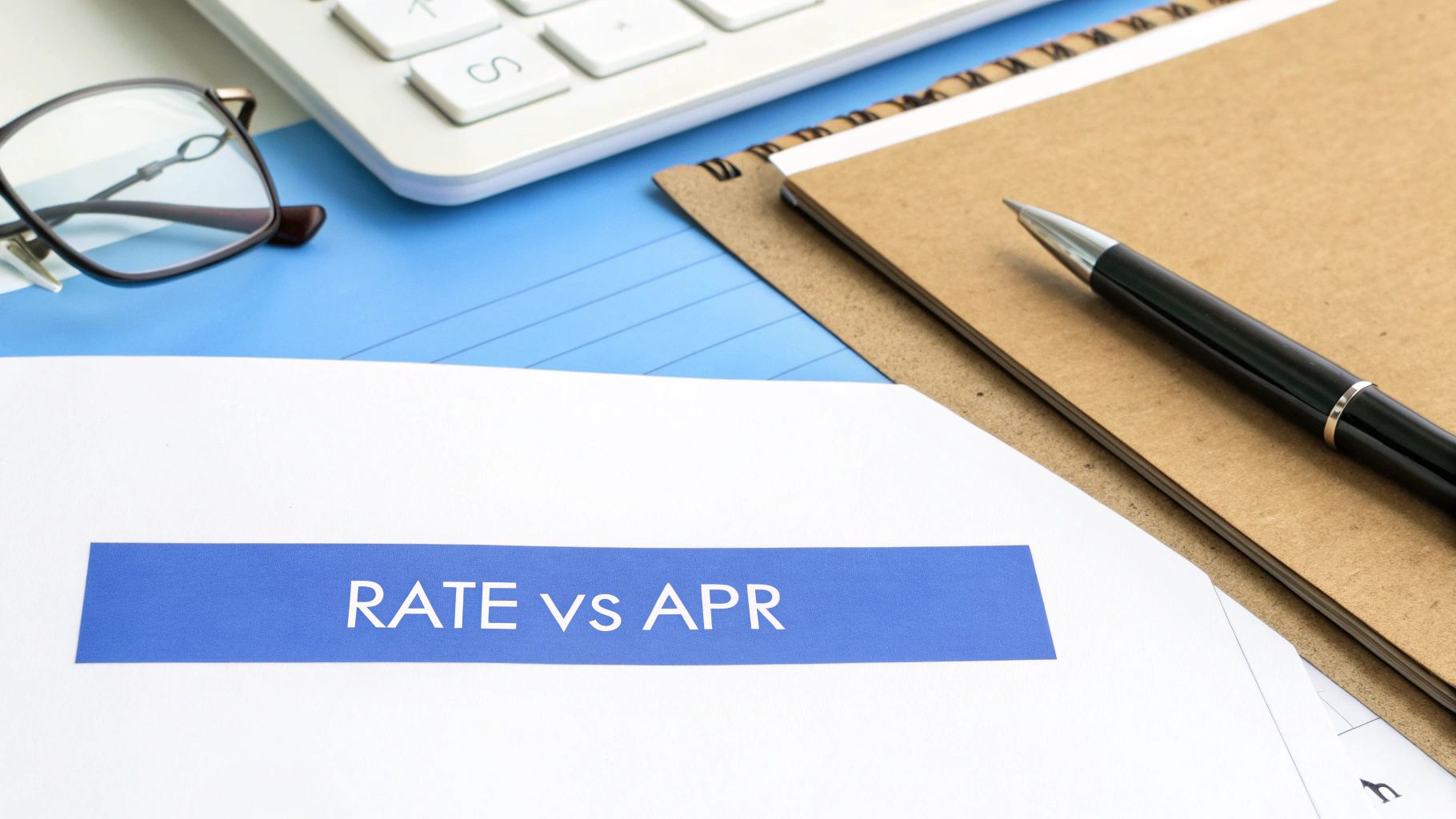 A document comparing 'RATE vs APR' on a blue surface with glasses, a keyboard, notebook, and pen.