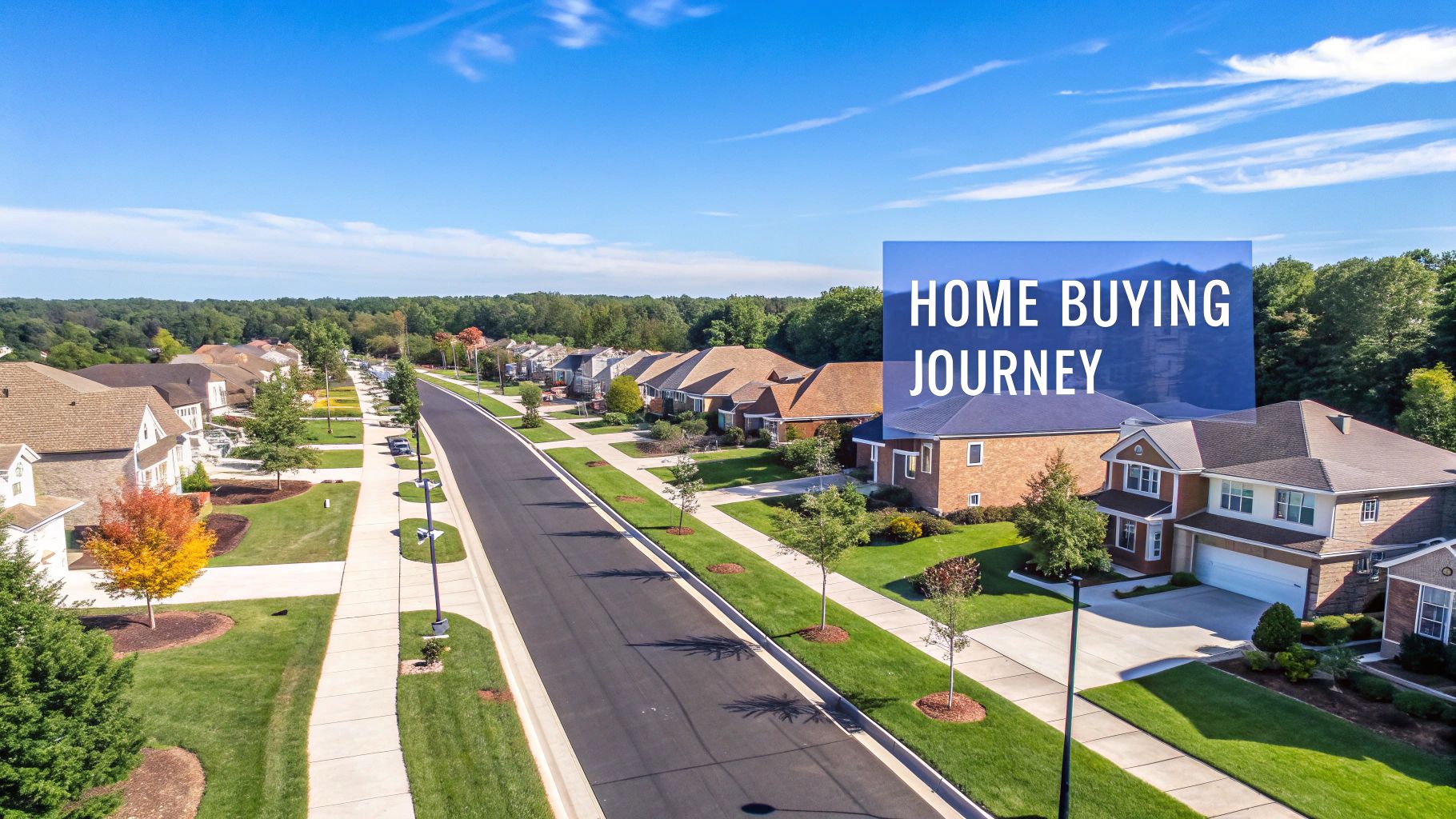An ariel view of a suburban street with homes on both sides of a street on a sunny day with words on the screen that says home buying journey.