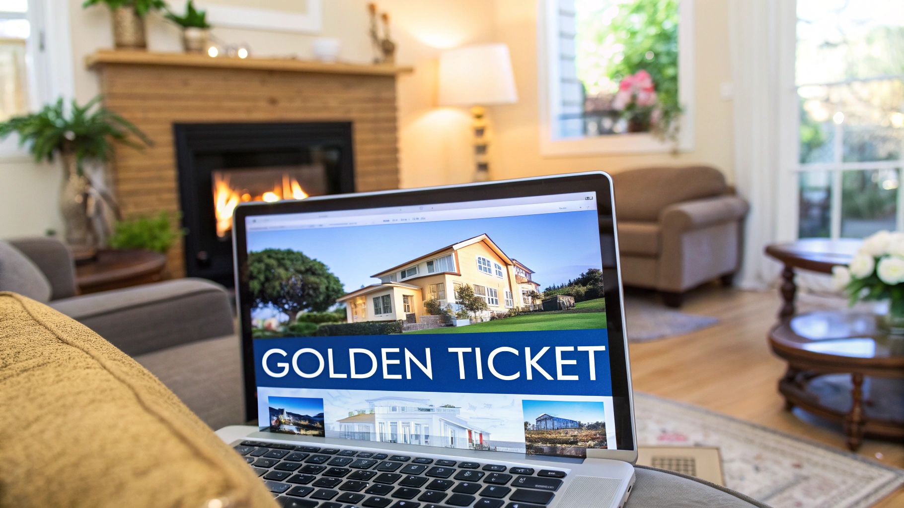 Inside of a living room with a fireplace that has a fire inside with a couch that has a laptop on it and the screen showing a picture of a house outside on a sunny day with words on the screen that says golden ticket.