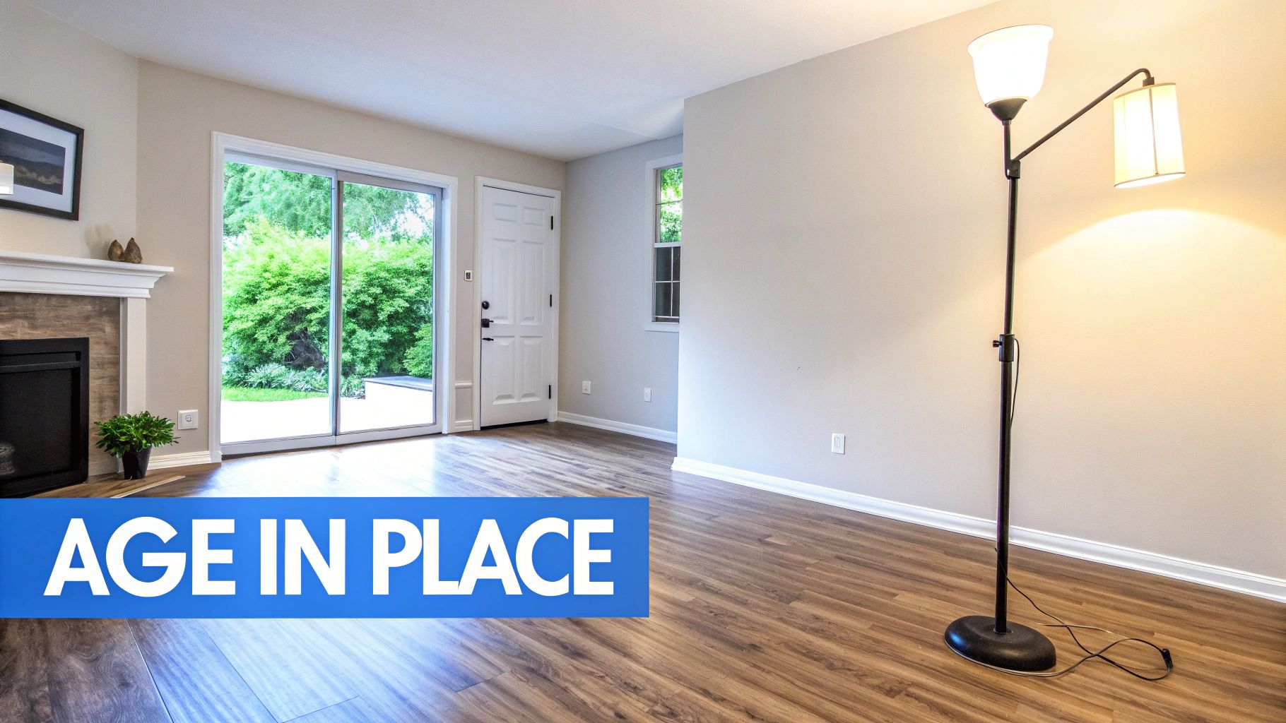A bright, empty living room with wood floors, a fireplace, sliding glass doors to a garden, and a standing lamp.