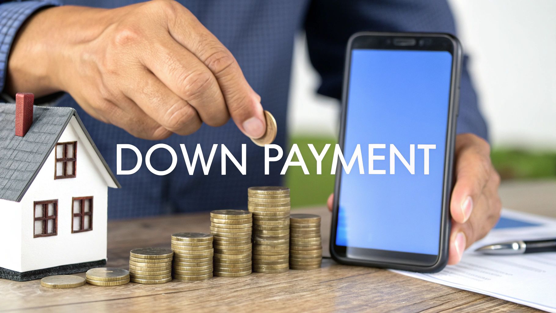 Person dropping a coin onto stacked money next to a model house, with a phone displaying 'DOWN PAYMENT'.