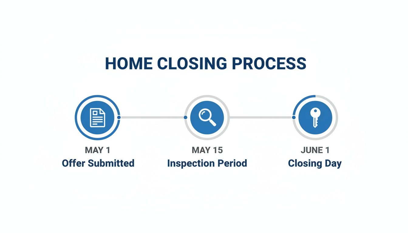 A clear visual timeline illustrating the home closing process with key dates and steps.