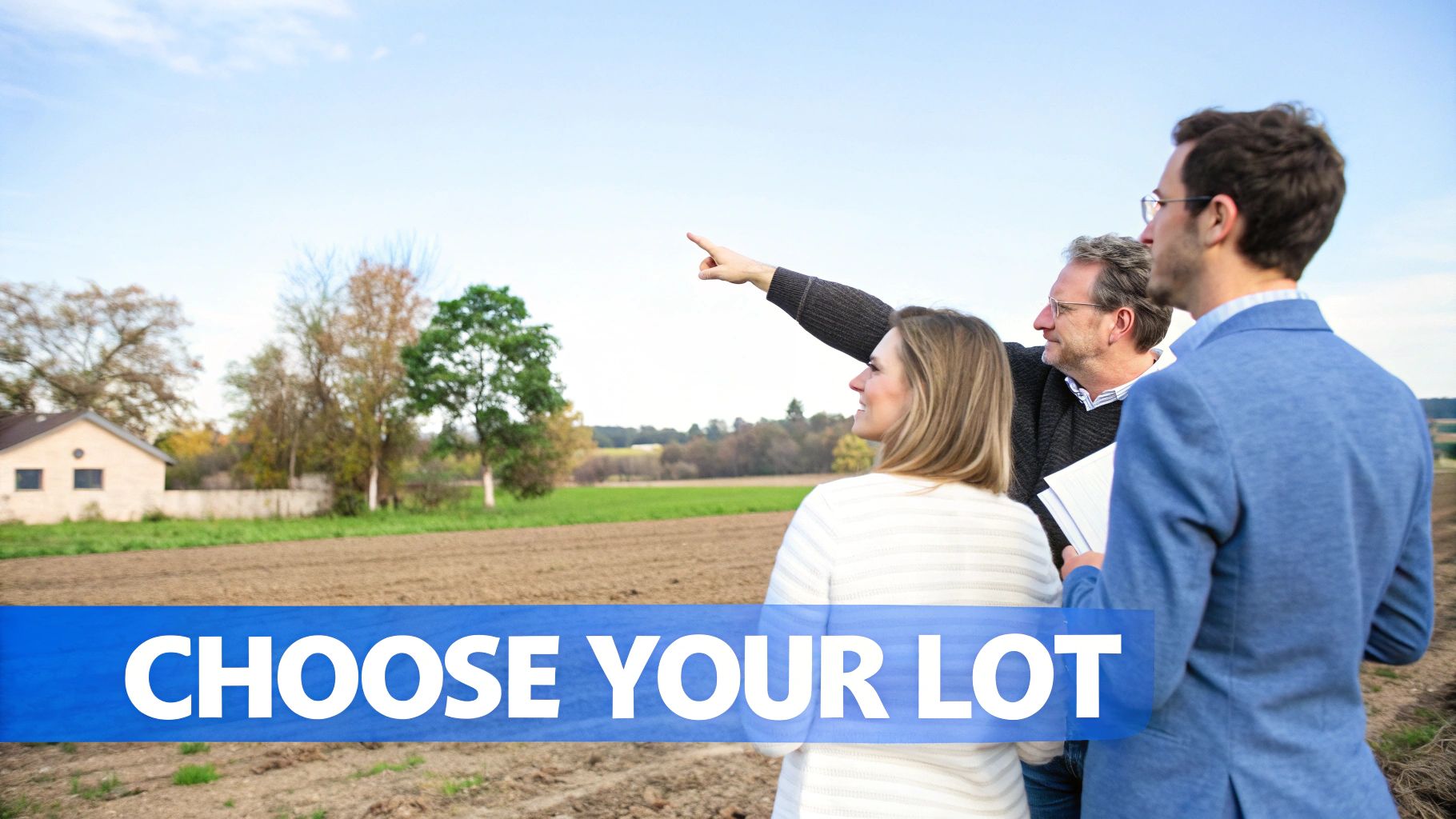 Three people, including a realtor pointing, inspect a large empty land lot under a blue sky.